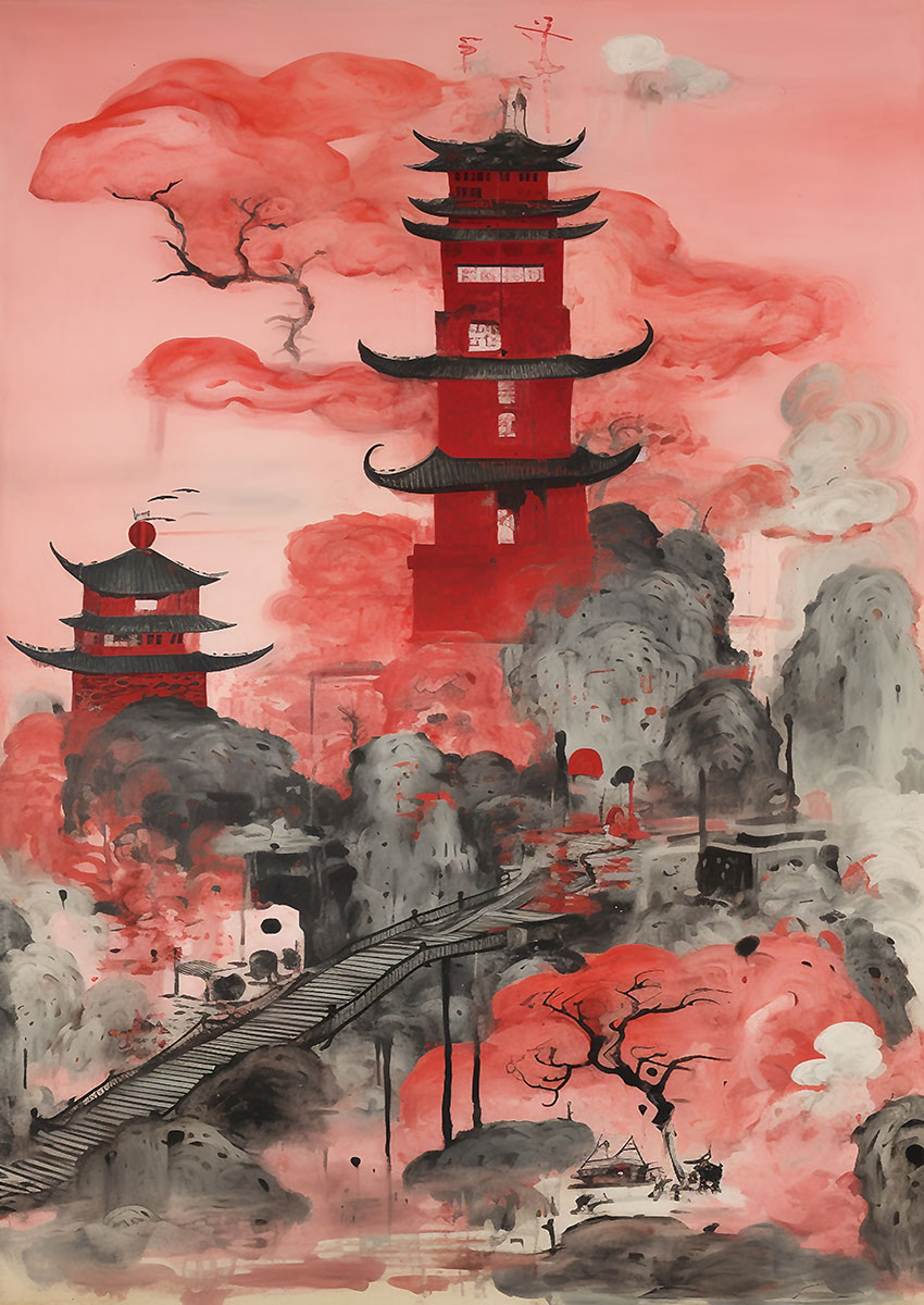 Dramatic artwork of a red pagoda landscape surrounded by grey clouds and trees.